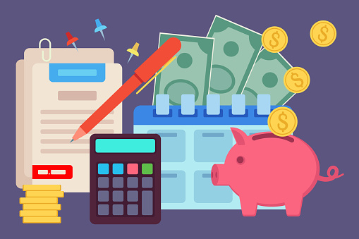 Piggy bank with gold coins vector illustration. Calculator, money, tax form, pen, flip calendar. Tax season, business, finance concept