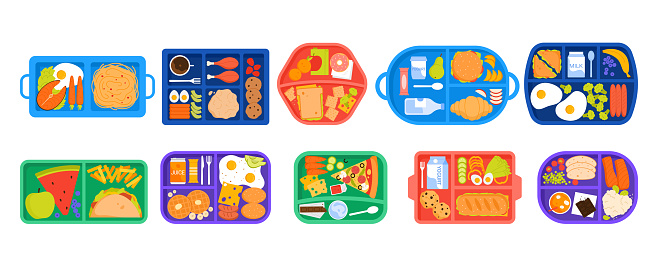 Lunchboxes set for school lunch and breakfast, picnic of kids. Top view of plastic trays and containers with packed fresh homemade food and drink, fruit and healthy snacks cartoon vector illustration