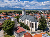 Aerial view of Basilica of the Exaltation of the Holy Cross (Bazilika svateho Kriza), old town Kezmarok in Slovakia.