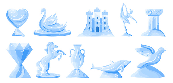 Ice sculptures set. Frozen winter icy carving collection of shining medieval castle and fantasy figure, blue frozen animal and crystal heart, diamond and dancing ballerina cartoon vector illustration