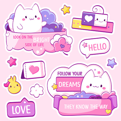 Set of stickers with cat in kawaii style and Inspirational positive quote. Cute eye-catching tag, label collection with cute kitty, bubble speech. Affirmation for kids playroom, nursery. Vector EPS8