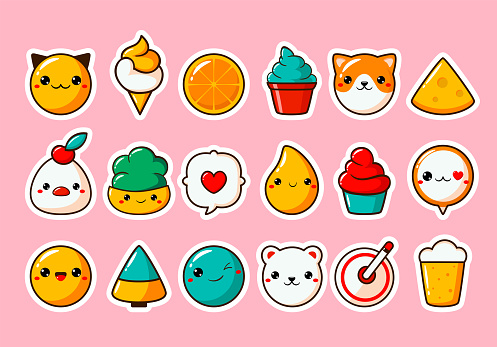 Set of stickers in kawaii style. Cute eye-catching tag, label collection with cute kitty, dog, emoji, ice cream, fruit. Collection of trendy sticker with cartoon characters. Vector illustration EPS8