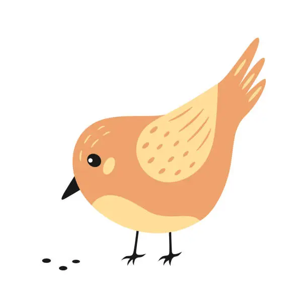 Vector illustration of Cute cartoon bird pecking grain. Birds or baby animals theme. Vector illustration.