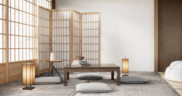 istock Modern with low table and pillow on minimal room japan style. 2038173641