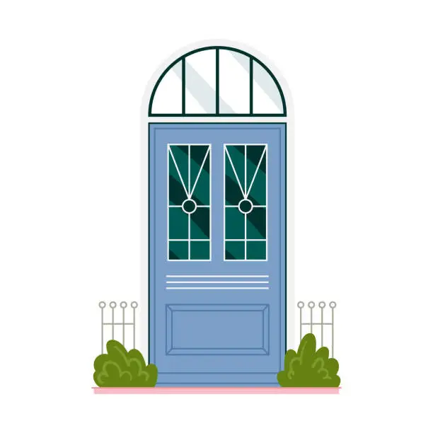 Vector illustration of Blue front door with arched window for home entrance exterior and entry from street