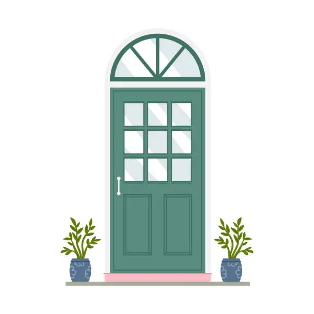 Vector illustration of Green arched front door with doorknob and pink porch, architectural decoration