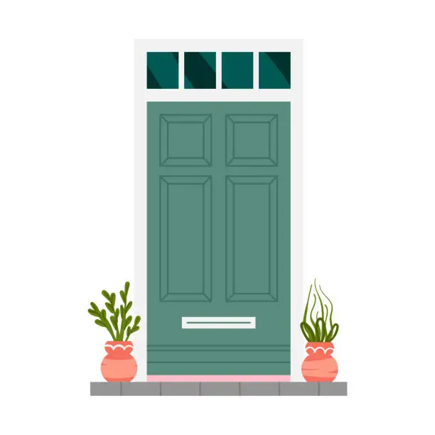 Vector illustration of Green closed front door with potted plants on doorstep, elegant entrance to house