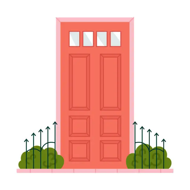 Vector illustration of Red front door with rectangular windows and green plants behind fence bars