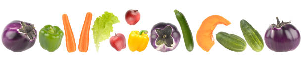 istock Panorama ripe and fresh fruits and vegetables with light reflection isolated on white 2038185448