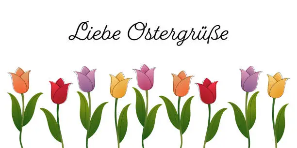 Vector illustration of Liebe Ostergrüße - text in German language - Lovely Easter greetings. Greeting card with colorful tulips.