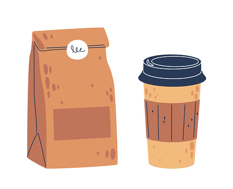 Paper Takeaway Cup, Paired With A Snugly Packed, Fresh Pastry, Eco-Friendly Package for Grab-and-go Breakfast Or Snack, Offering Convenience And Taste In A Portable Format. Cartoon Vector Illustration