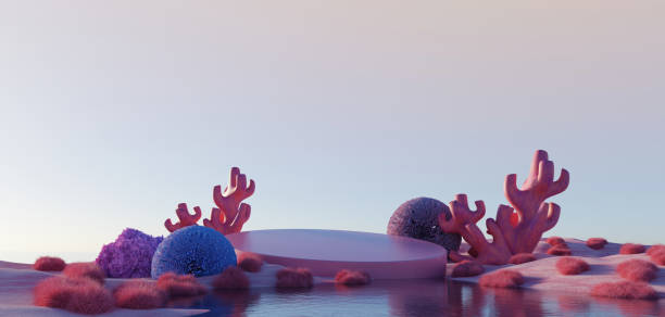 istock 3d Render, Abstract Surreal pastel landscape background with architecture and geometric, beautiful gradient sky scene, lake with clam water, minimal concept. 2038195279
