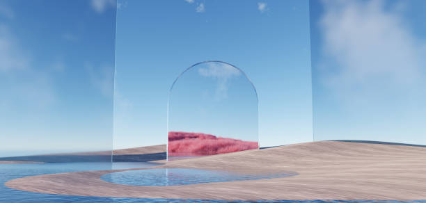 istock 3d Render, Abstract Surreal pastel landscape background with architecture and geometric, beautiful gradient sky scene, lake with clam water, minimal concept. 2038195842