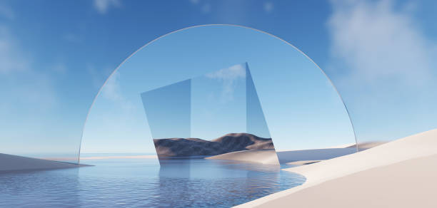 istock 3d Render, Abstract Surreal pastel landscape background with architecture and geometric, beautiful gradient sky scene, lake with clam water, minimal concept. 2038195843