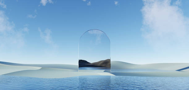 istock 3d Render, Abstract Surreal pastel landscape background with architecture and geometric, beautiful gradient sky scene, lake with clam water, minimal concept. 2038195847