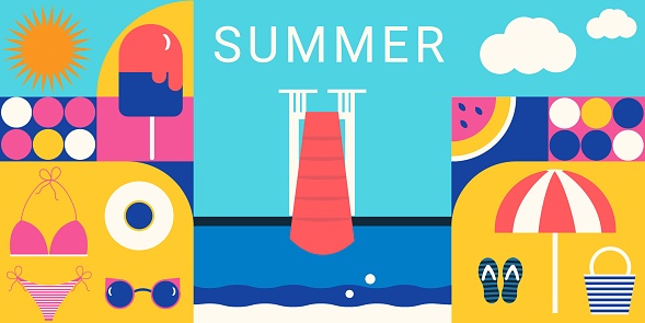 Bright geometric summer background .The concept of a summer vacation on the beach. Suitable for banners, postcards, and advertisements.Vector illustration.