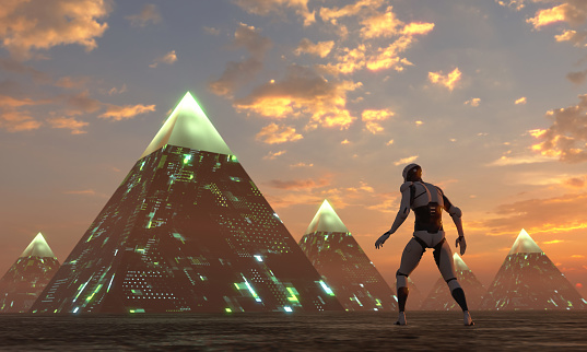 Robot exploring ancient civilization pyramids