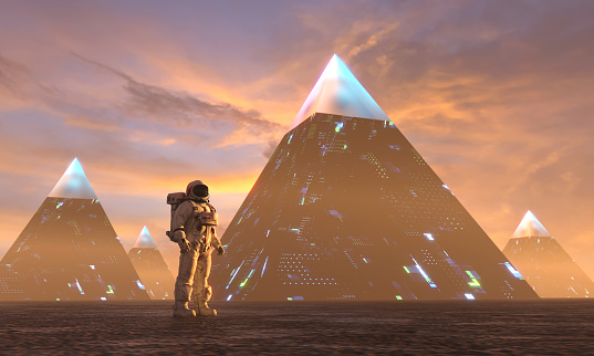 Astronaut exploring ancient civilization pyramids