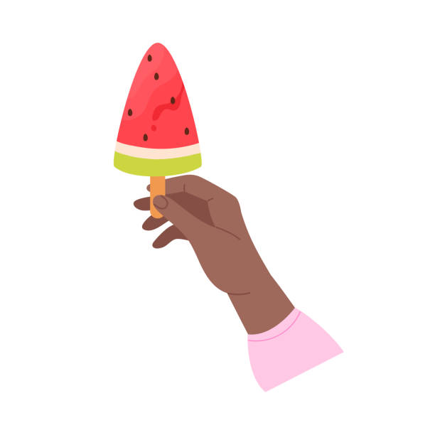 Hand holding fruit popsicle with watermelon flavor on stick Hand holding fruit popsicle with watermelon flavor on stick vector illustration melting girl stock illustrations