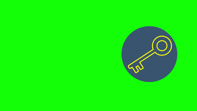 Cartoon-style yellow key. A simple style key with a yellow outline. An object appears and rotates in a gray circle. Key is isolated on a green background. 2d flat animation. Alpha channel. Chroma key