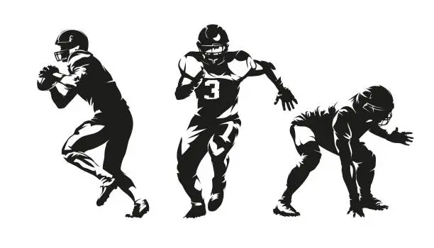 Silhouetten von Footballspielern, Gruppe von American-Football-Spielern, Satz von Vektorzeichnungen von Mannschaftssportlern Silhouetten von Footballspielern, Gruppe von American-Football-Spielern, Satz von Vektorzeichnungen von Mannschaftssportlern