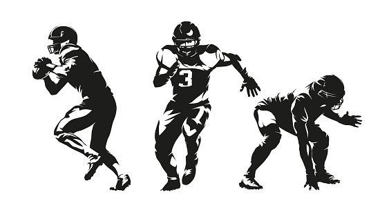 Football players silhouettes, group of american football players, set of vector drawings of team sport athletes