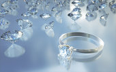 Solitaire Diamond Ring among diamonds on blue gradient background