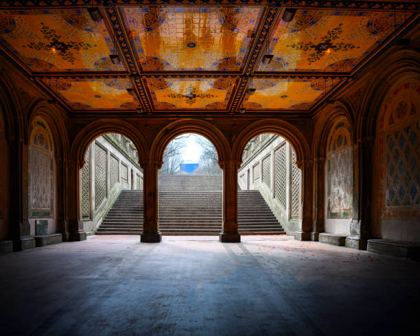 istock Bethesda Terrace, Bi-level illuminated lakeside balcony and arching passageways with chronological carvings on the wall in Central Park, Manhattan, New York City, USA 2038235031
