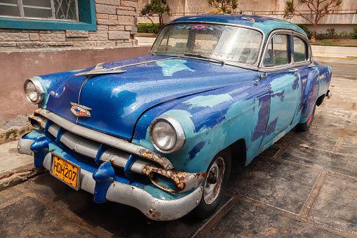 Havana, Cuba - April 12, 2010: A vintage blue Chevrolet classic american car parked in Havana, Cuba