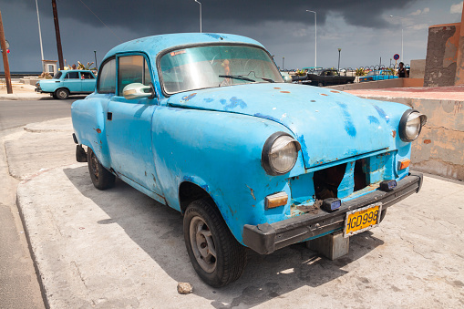 Havana, Cuba - April 12, 2010: A vintage blue classic american car parked in Havana, Cuba