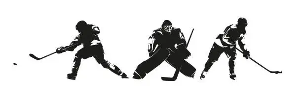 Vector illustration of Ice hockey players, group of vector silhouettes. Hockey goalie, hockey player. Set of winter team sport athletes