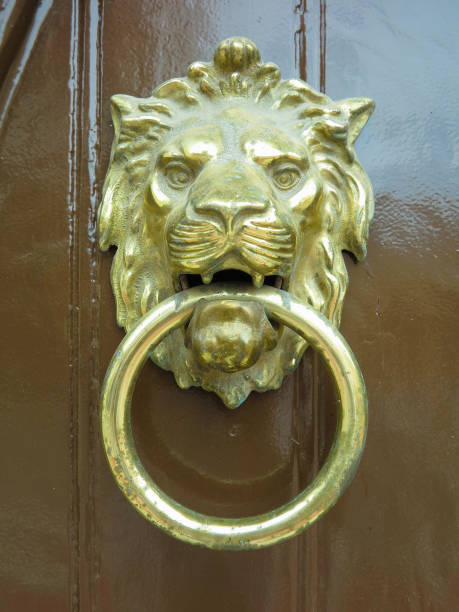 istock Classic golden door knocker Lion with ring 2038243416