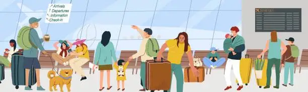 Vector illustration of Horizontal banner, panorama, view from the window. People in the departure area at the airport. Passengers with luggage in the waiting room of the international terminal. Tourists with luggage walk and sit on chairs. Flat vector illustration