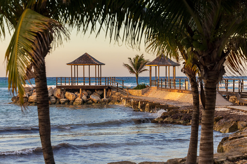 Gazebos at the end of a dock in Jamaica
