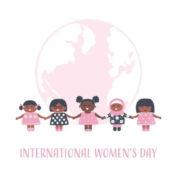 Vector illustration of Happy little girls holding hands on the globe background. International Women's Day concept
