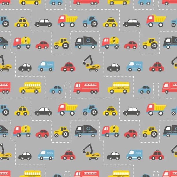 Vector illustration of Toy Cars. Seamless Pattern. Road Traffic Print