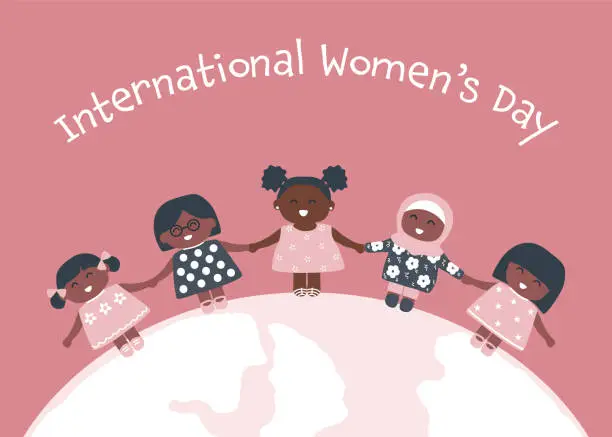 Vector illustration of Happy little girls stand on the globe. Girls holding hands. International Women's Day concept