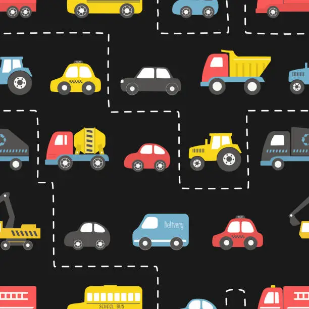 Vector illustration of Toy Cars Seamless Pattern. Different toy cars