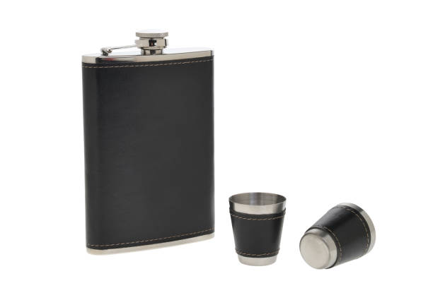 istock Black leather flask for alcohol isolated on white background 2038268862