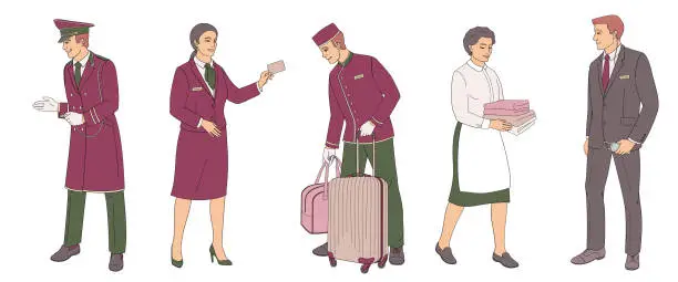 Vector illustration of hotel staff  male and female characters part 1, doorman, concierge, porter, maid, security