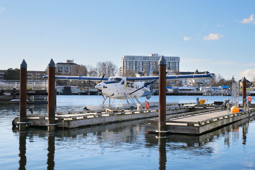 Harbour Air Seaplane parked at the Victoria Harbour Airport on Vancouver Island in Victoria, British Columbia, Canada.