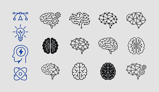 Brain and artificial intelligence icons. Machine learning, deep learning, artificial neural network, robotics and artificial intelligence concept.