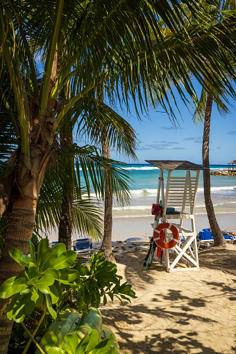 A lifeguard chair sits underneath palm trees in Jamaica