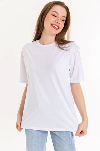 Crop view of a latin young man showing the front, back and side print design on a mock-up white t-shirt