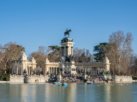 Madrid, Spain, February 3, 2024: Buen Retiro Palace in Madrid was a large palace complex designed by the architect Alonso Carbonell (c. 1590–1660) and built on the orders of Philip IV of Spain as a secondary residence and place of recreation (hence its name). It was built in what was then the eastern limits of the city of Madrid. Today, what little remains of its buildings and gardens forms the Retiro Park.