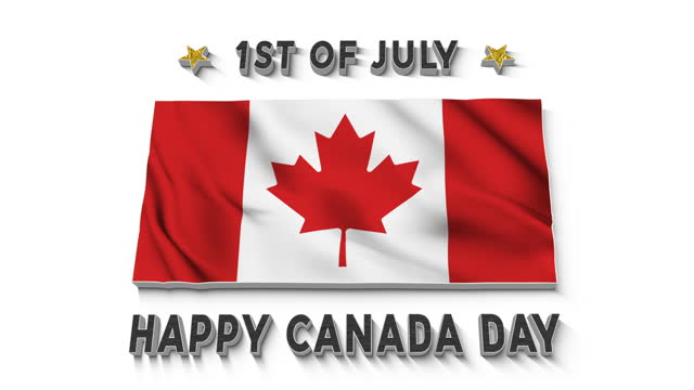 Happy Canada day text animation.Elegant 3d text reveal on white background whit canadian flag.Motion graphics celebration animation.First of July.