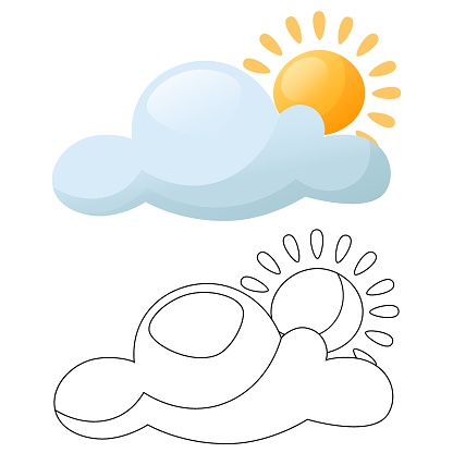Children's coloring book cloud and sun with a coloring sample. Contour image of a cloud and the sun on a white background in a cartoon style. Coloring scheme for the youngest children