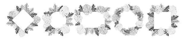 Vector illustration of Jungle frame set Tropical leaves frame. Monstera and palm ink hand drawn leaf, line art vector illustration for invite or card