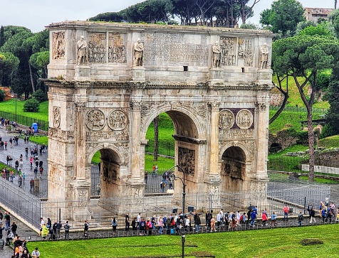 July 7, 2023, Rome (Italy). The Arch of Constantine (Italian: Arco di Costantino) is a triumphal arch in Rome dedicated to the emperor Constantine the Great.