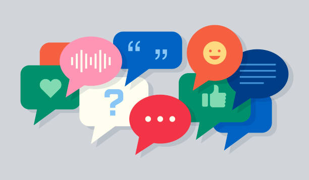 Speech Bubbles Talking Chatting Discussing Concept Talking, chatting, discussing, forum conversation, online messaging speech bubbles concept. speech bubble stock illustrations